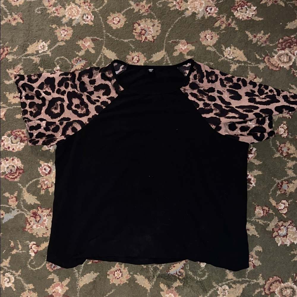 SHEIN Black Tee with Pink Leopard Raglan Sleeves